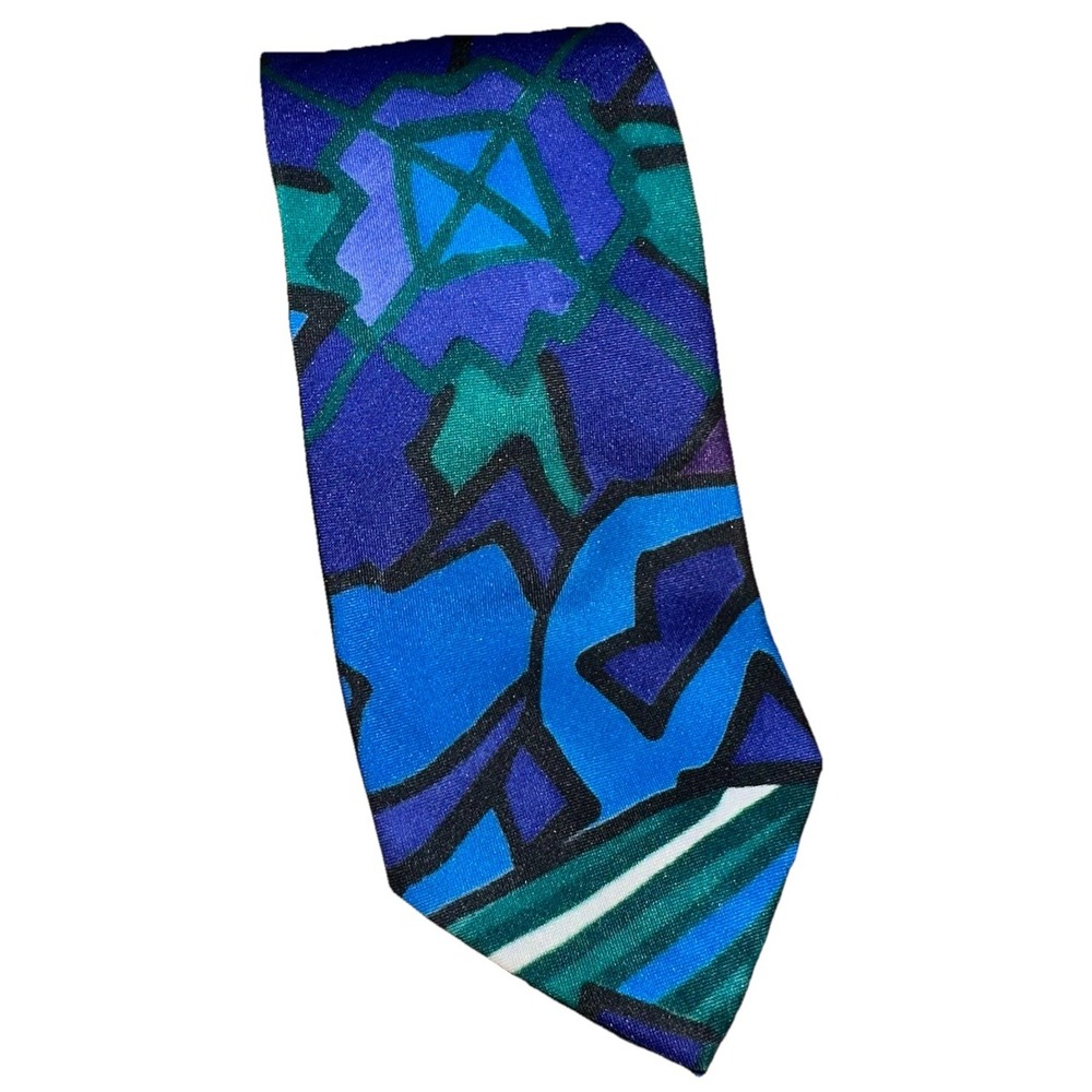 Vintage 90s Impact Abstract Art Geometric Blue Purple Green Thin Men's Neck Tie‎